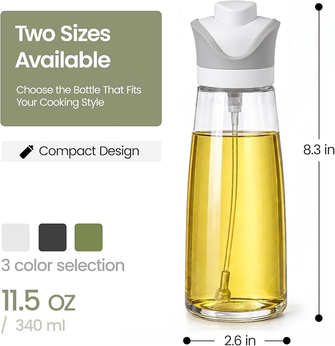 Olive Oil Dispenser for Kitchen 2-in-1 Pour and Spray | 11.5 oz / 340 ml | Glass Olive Oil Sprayer for Cooking, Airfryer, Salad & BBQ | Set of 2 Bottles, White
