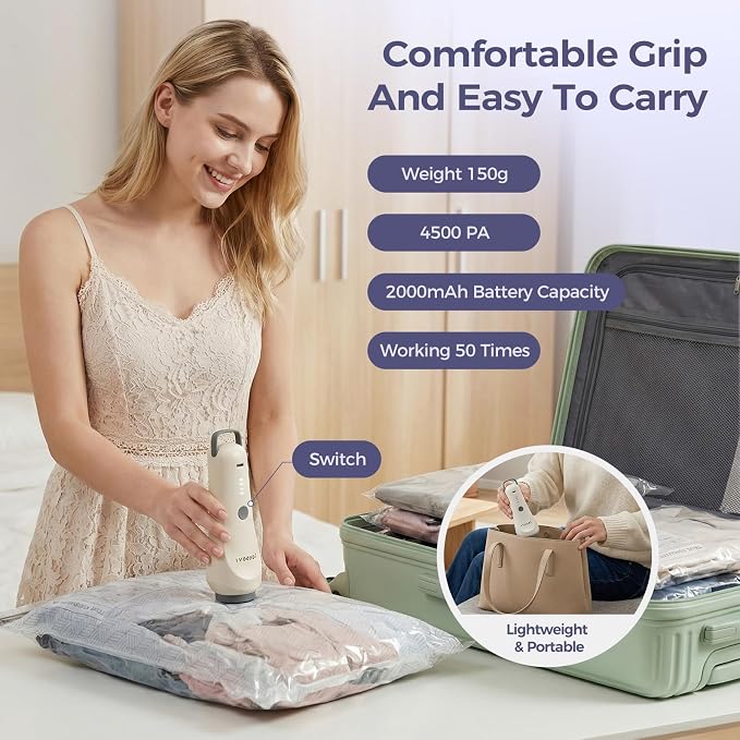 Travel Vacuum Bags with Electric Pump, Compression 12-Piece | 80% Space Saving for Clothes & Bedding, Fits Carry-On Suitcases, Reusable For Luggage, Closets, and Home Storage