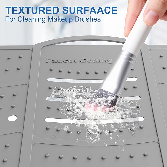 Mofason Large Bathroom Sink Makeup Mat Space Saver,Silicone Makeup Organizer Cover for Over Countertop,Small Bathroom Must Haves Accessories Rv Camper Travel Foldable Gadgets-Grey.