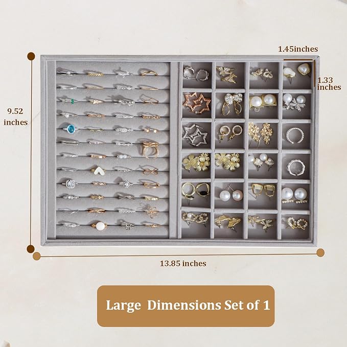 Large Jewelry Organizer for Drawer Insert Velvet Stackable Jewelry Trays for Earring Necklace Bracelet Ring Display (Gray, Ring and 24 Grids)