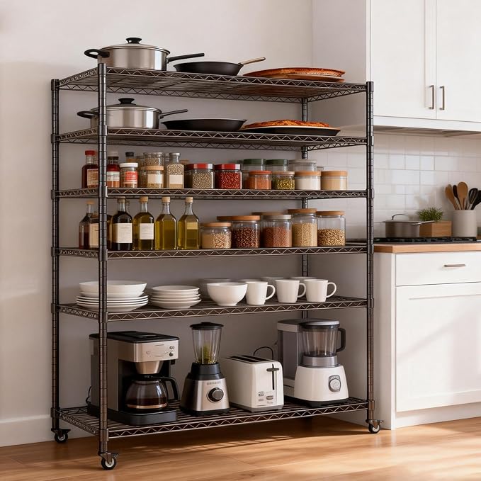 AIRAJ 36”W Storage Shelves with Wheels | 5 Tier Wire Shelving | 1750 LBS Metal Shelving Adjustable Layer Height | Garage Shelving Units and Storage | Rolling Wire Rack | 36”W×14”D×73”H