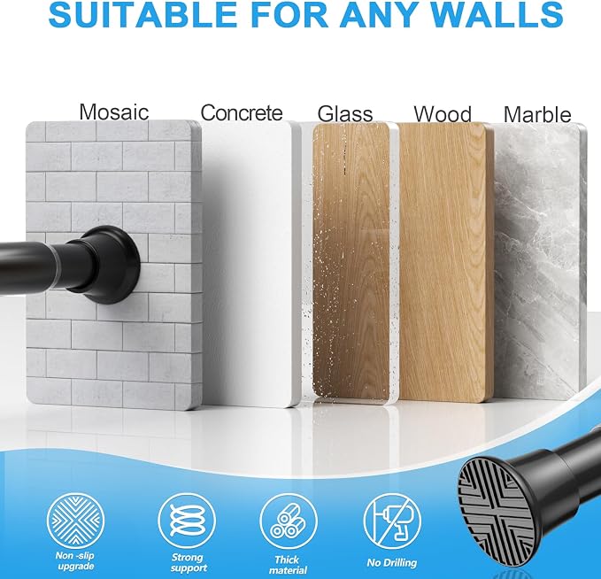 Spring Tension Curtain Rod 30-76 Inch Black Shower Curtain Rod 1pcs | Adjustable Curtain Rods No Dilling Spring Curtain Tension Rod Extendable Tension Rods for Windows Bathroom Doorway Kitchen