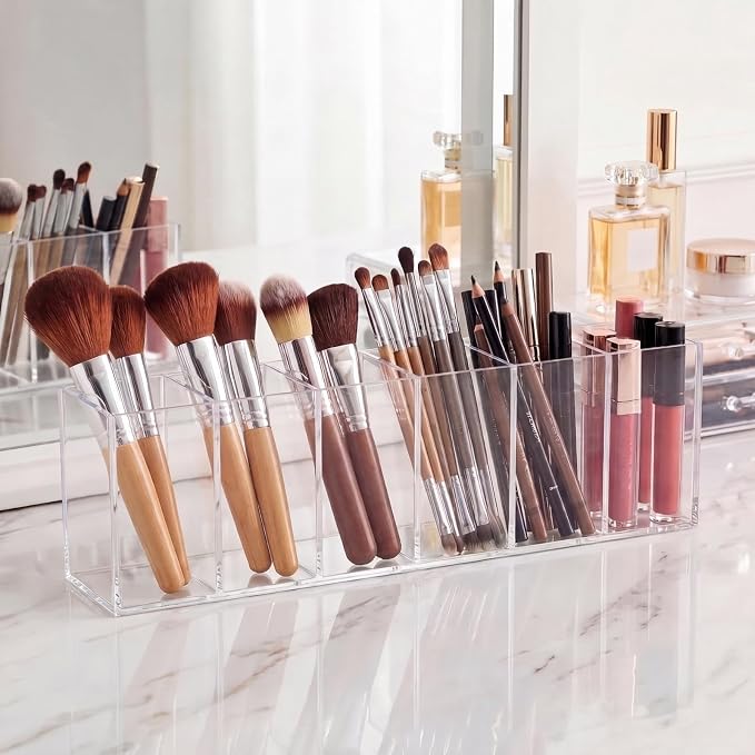 Jetec 6 Compartments Acrylic Pen Holder, Pencil Makeup Brush Holder(Clear) | Stationery Organizer Pencil Holder, Office Supplies, Clear, Acrylic, Desk Accessory Cosmetic Brush Countertop Desk Home