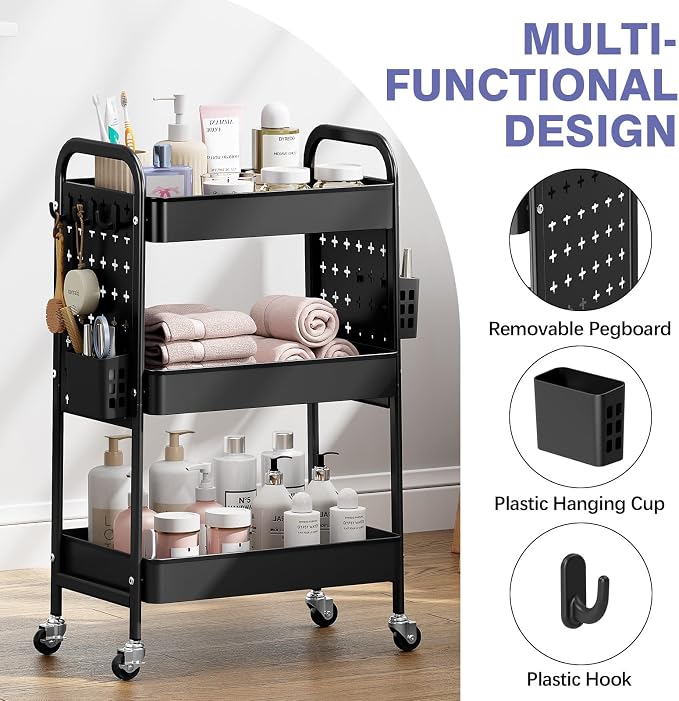 KINGRACK 3 Tier Rolling Cart with DIY Pegboard, Metal Utility Cart with Wheels, Hooks & Baskets, Sturdy Storage Organizer for Craft, Bathroom, Kitchen, Office, Nursery, Classroom