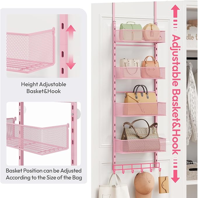 SWTYMIKI Over the Door Purse Organizer - Wall Mounted Purse Rack with 4 Adjustable Metal Basket and 6 Hooks, Hanging Bag Rack for Handbag Organizer, Bag Storage Can Use As 1/2 Part, for Door, Closet