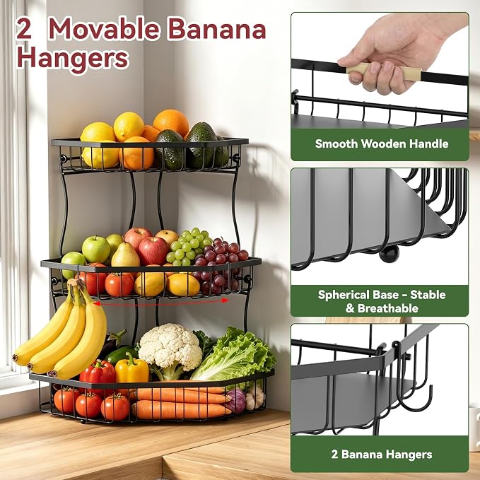 3 Tier Fruit Basket for Kitchen Counter - Detachable Metal Fruit Bowl with 2 Banana Hangers for Corner , Large Capacity Fruit Stand with Wooden Handle for Bread Fruit and Vegetable Storage - Black