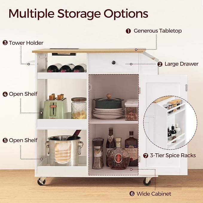 MAHANCRIS Kitchen Island with Power Outlet, Kitchen Storage Island with Drawer, Rolling Kitchen Cart on Wheels, Spice Rack, Towel Rack, Wine Rack, for Dining Room, White and Walnut KIBZ122E01
