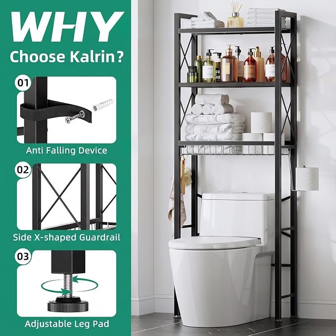Kalrin Over The Toilet Storage with X Shape Side Guardrail, 3-Tier Over Toilet Storage Rack with Drain Basket, Freestanding Bathroom Organizer for Balcony Laundry, Oak Grey