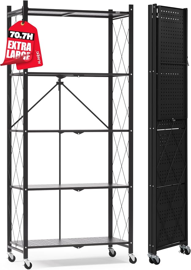 ALANNG 70.7" H Metal Storage Shelves, 5 Tier Folding Shelf on Wheels | Heavy Duty, No Assembly, Rolling, Collapsible Rack Unit for Kitchen, Basement, Pantry (Black,1 Pack)