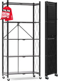 ALANNG 70.7" H Metal Storage Shelves, 5 Tier Folding Shelf on Wheels | Heavy Duty, No Assembly, Rolling, Collapsible Rack Unit for Kitchen, Basement, Pantry (Black,1 Pack)