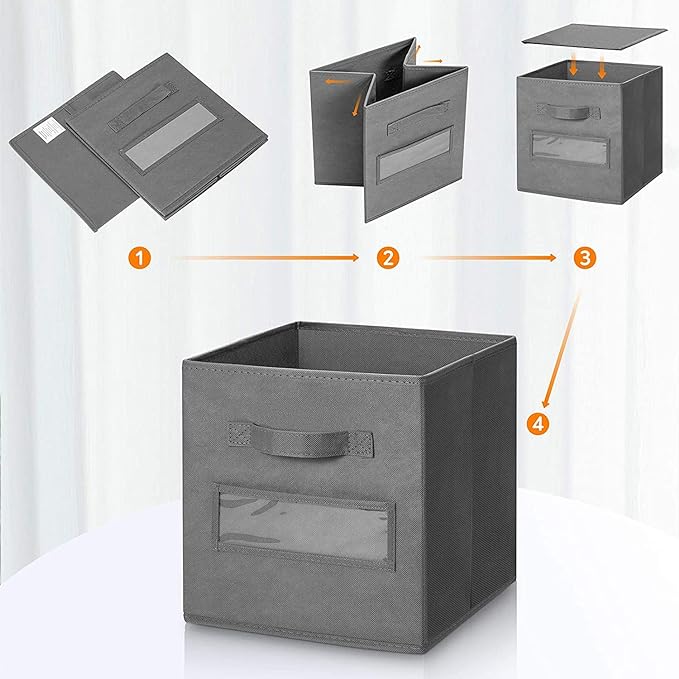 13x13x13 storage cube bins(Set of 8) Fabric storage cubes with 8 Labels Window Cards & a Pen, storage cubes 13x13, Collapsible 13 inch cube storage bins, Cubby Organizer Boxes, Gray