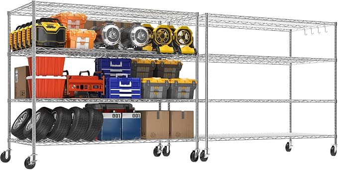 Chrome Storage Shelves with Wheels 55.5" W Garage Shelving Heavy Duty 4 Tier Adjustable Wire Shelving Unit Metal Shelving for Garage Pantry Commercial Basement,55.5" Wx24 Dx76 H 2Pack