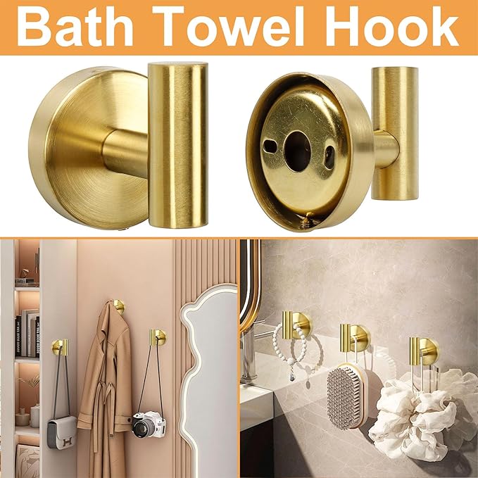 TocTen Bathroom Hardware Set, Thick Stainless Steel Bath Towel Bar Set Including Towel Rack for Bathroom+Toilet Paper Holder+3 Robe Towel Hooks Wall Mount Bathroom Accessory Set(16IN,Brushed Gold)