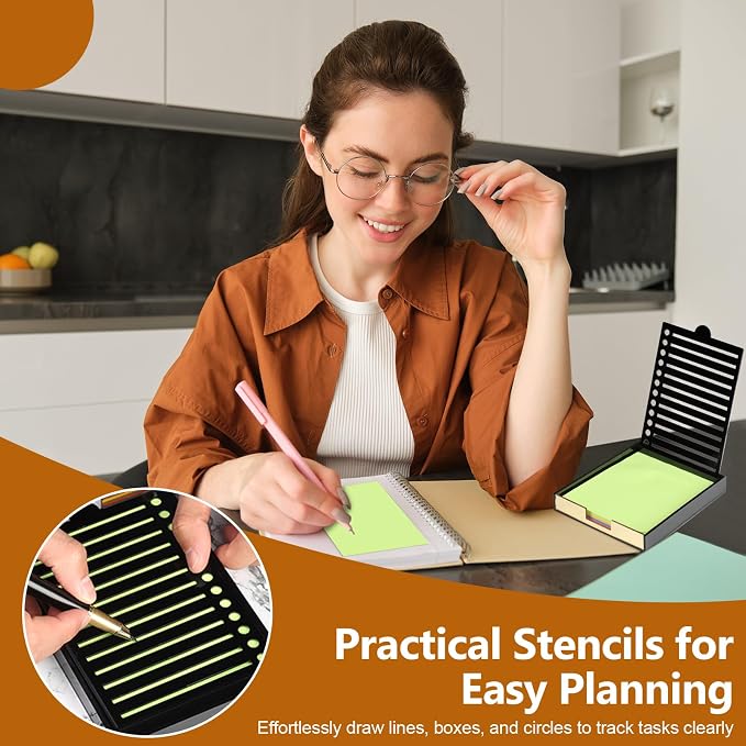 4" x 6" Sticky Notes Stencil and Holder Set with 5 Planner Stencils 100 Sheet Self-Stick Sticky Notes Black Acrylic Post It Note Stencil Holder Memo Organizer for Classroom Office Desk Organizer