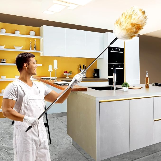 Extendable Lambswool Duster, Up to 82 in, Aluminum Handle | Single duster, Up to 82 in reach, Natural lambswool head, Aluminum handle, Reusable for ceilings, fans and furniture