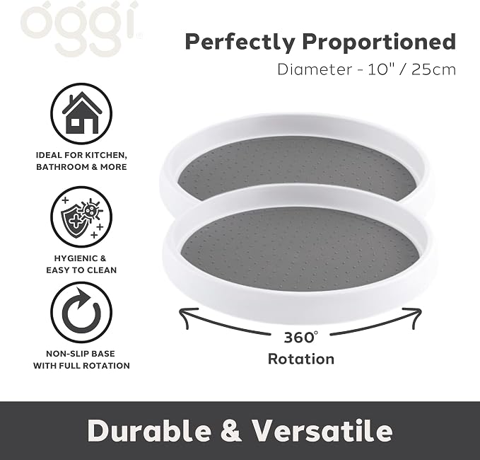 OGGI Set of 2 Lazy Susan Organizers 10"- for Kitchen, Pantry, Cabinet Organizing & Storage. Ideal as Rotating Spice Racks & Pantry Organizers - White/Taupe