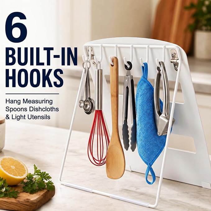 Cookbook Stand for Kitchen Counter,Metal Recipe Book Holder with Hooks,Foldable Reading Rack for Textbooks,Tablets and Magazines,Space Saving Carbon Steel Stand with Non Slip Pads,White
