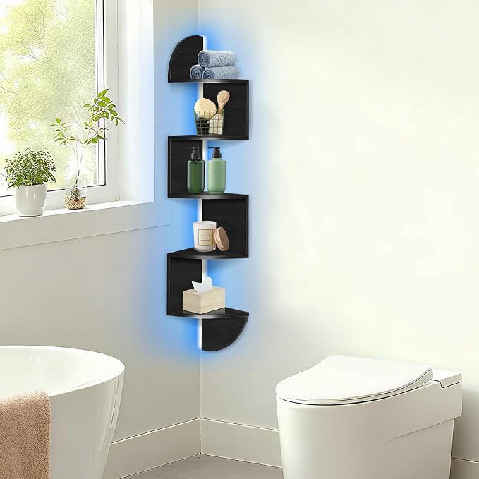 Corner Shelf Wall Mounted Corner Floating Shelves with Light | 5 Tier Corner Bookshelf Stand for Bedroom, Bathroom, Living Room, Kitchen, Office, Home Decor(Black)