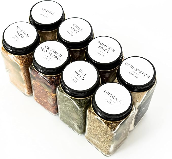 Round Spice Labels Stickers for Glass Jars - 140 Preprinted Waterproof Spice Jar Labels Stickers for Top of Lids, Seasoning Labels Only, Kitchen Pantry Organization