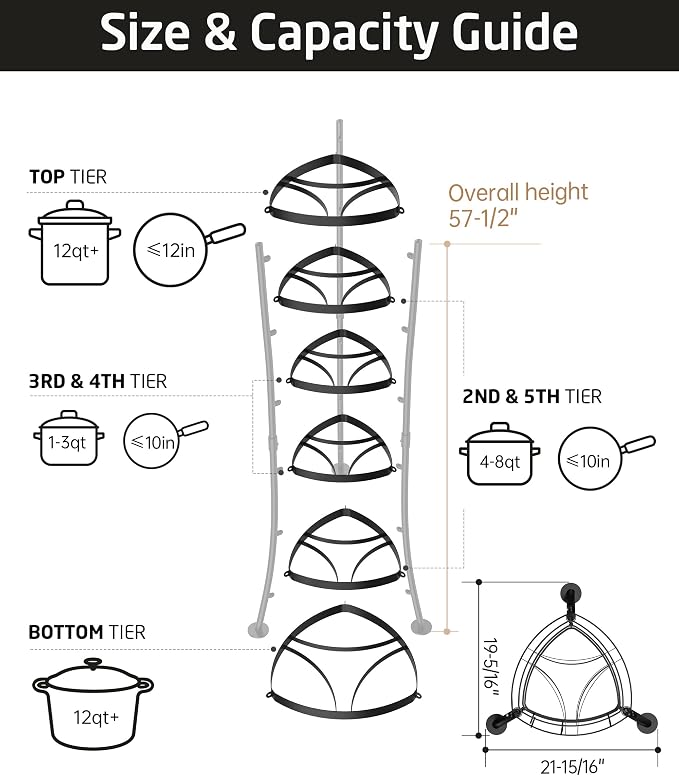 KES 264 Lbs Capacity Freestanding Pot Rack, 6-Tier Cast Iron Cookware Stand with 6 Hooks, Pots and Pans Storage Tower for Kitchen, Stable Base, Anti-tip Strap & Floor Protectors Black, KUR531S6-BK