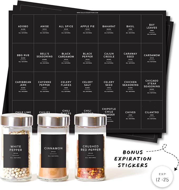 230 Black Spice Labels by ThreeKin | Waterproof & Oil-Resistant Pre-Printed Stickers for Spice Jars | Durable, BPA-Free Seasoning Labels | Easy-Clean, No-Residue Design | Proudly Female & USA Owned