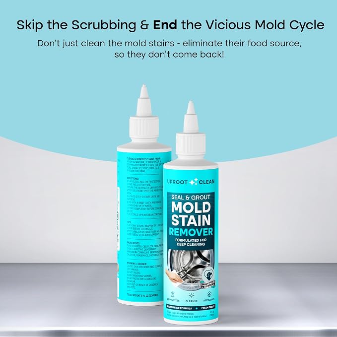 Uproot Clean Mold Stain Remover Gel for Washer,Shower,Bathroom,Caulk, 8 oz | Bleach-Free Stay-Put Gel for Washer Seals, Grout, Caulk & Fridges - Clings to surfaces, Lifts Visible Stains, Fresh Scent