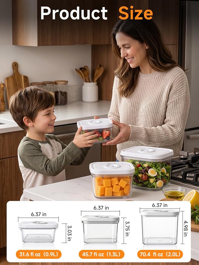 FEPPO Vacuum Sealers Containers for Food Storage, 3 Pcs Set [1* Small, 1* Medium, 1* Large] Works with Handheld Compact Vacuum Sealer Machine for Fridge, Freezer & Pantry, BPA-Free, Date Tracking Lid