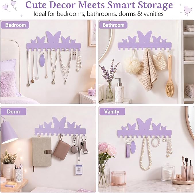 Hicarer 2 Pack Purple Butterfly Necklace Holder Wall Mount with 24 Hooks Adhesive Metal Jewelry Organizer Gifts for Women Back to School Dorm Room Storage for Bracelets Necklace Keys