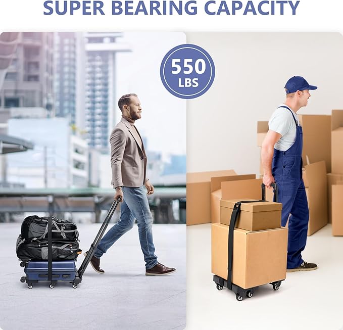 KEDSUM 550 LBS Folding Hand Truck with 6 Wheels(2 with Brake), Collapsible Dolly Cart with Wheels, Thickened Upgraded Steel Trolley Cart for Easy Moving, No-Assembly, with 1 Lashing Straps