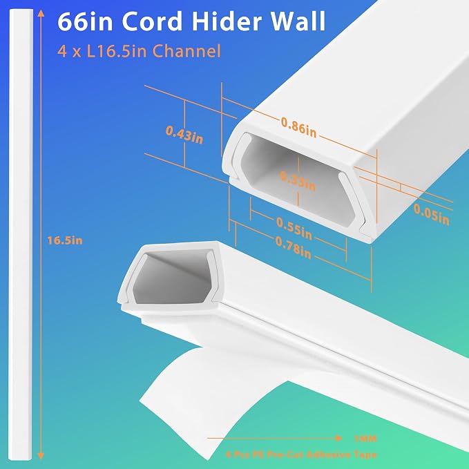 66in White Wire Covers for Cords Kit, Wall Cord Hider, Cord Covers for Wires on Wall, TV Cable Hider Kit, Easy to Install Cable Management 4XL16.5 W0.86 H0.43in
