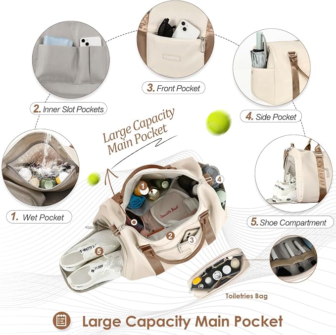 FIORETTO Womens Gym Tote Duffle Bag with Toiletry Bag, Sports Duffel Overnight Hospital Workout Carry on Bag for Girls with Wet Pocket & Shoe Compartment, Ideal for Travel, Swimming, Beige & Brown