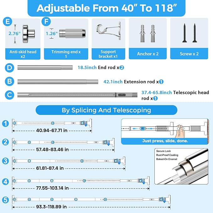 AIZESI 41-118 Inch Heavy Duty Silver Tension Curtain Rod - No Drilling, Adjustable, Rust-Proof for Outdoor, Living Room, Bathroom