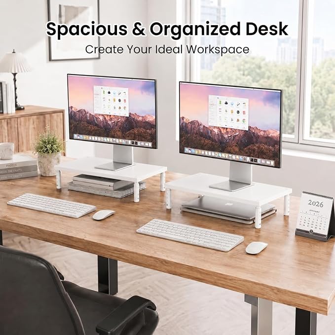 OPNICE Monitor Stand Riser for Desk, Adjustable Computer & Laptop Stand, Desk Organizer for Monitor, Laptop, PC, Printer, Office Desk Accessories for Home & Office, White Wood
