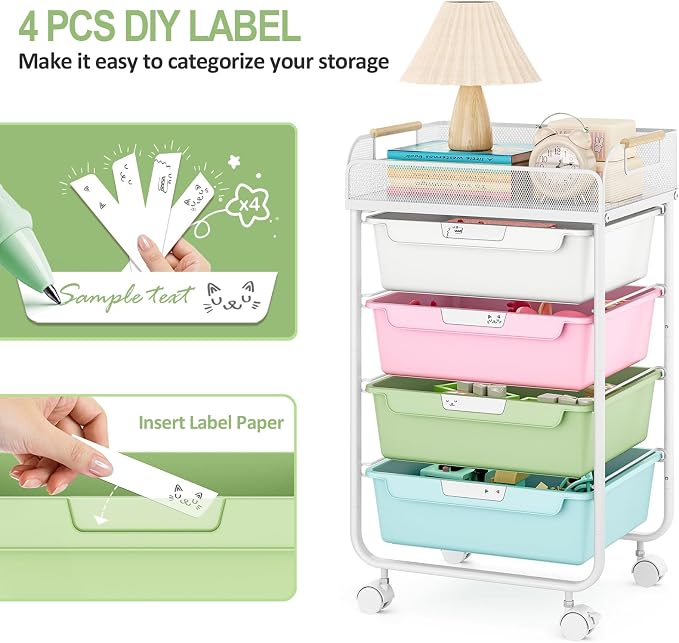 SYKIARIOL Rolling Cart with 4 Drawers,4 Tiers Rolling Utility Cart Craft Cart,Rolling Storage Drawer Cart with Mesh Top,Storage Cart with Drawers & 4 PCS DIY Lable, Classic Colorful