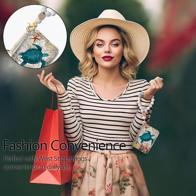 Blusabaca RFID Credit Card Holder Small Women Travel Wallet, Sea Turtle | Removable Keychain, Case with Zipper, Vegan PU Leather, Cash Coin Pocket, Business Accordion Purse, Ladies Female Gift