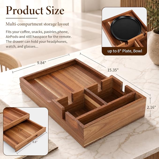 2-in-1 Couch Tray with Cup Holders and Drawer Storage | Acacia Wood Sofa Arm Tray Table, Sofa Organizer for Remote Controls, Snacks, Drinks, Living Room Furniture Accessories