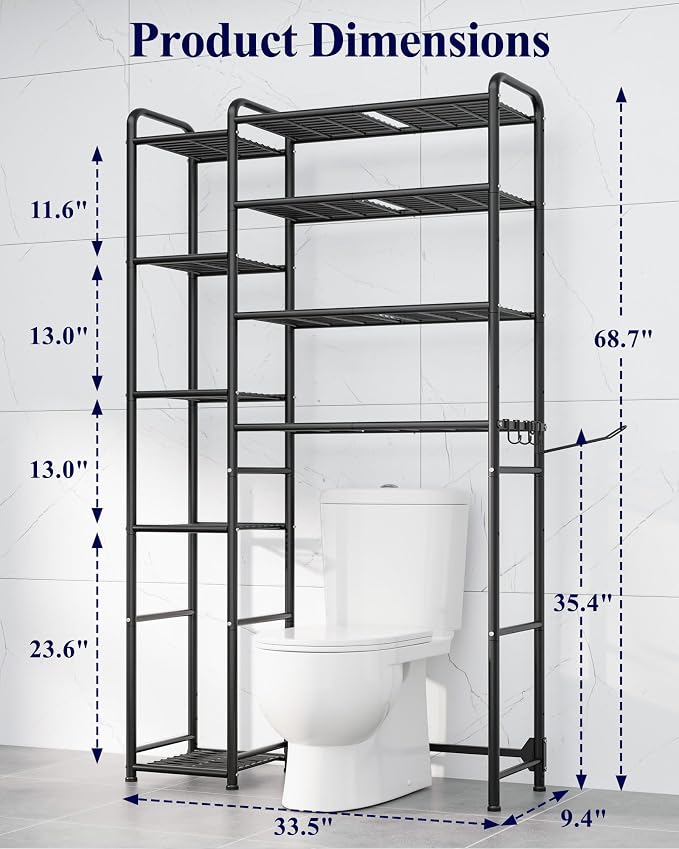 Kitsure Over the Toilet Storage – 9-Tier Black Metal Bathroom Organizer Shelves with Adjustable Side Shelves, Space-Saving Over Toilet Rack for Small Bathrooms, Apartments & Rental Homes, 68.7" H