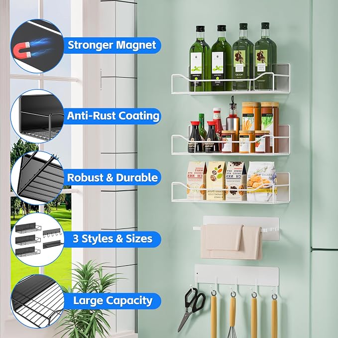 Magnetic Spice Rack for Refrigerator, 5 Pack Magnetic Fridge Organizer Shelves, Strong Magnetic Hold, No Drilling, Space Saving Storage Rack for Kitchen & Washing Machine Organizer (White)