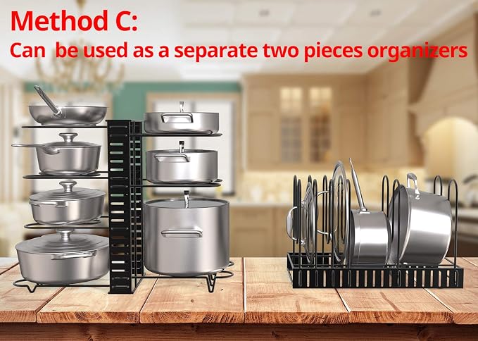 Vdomus Expandable Rack for Cabinets | Adjustable Black Pot Rack | 4 DIY Storage Positions | Holds up to 14 Pans, Pots, or Lids | Durable Iron Pot Stacker | Kitchen Organization | 8.5X 31x11.5