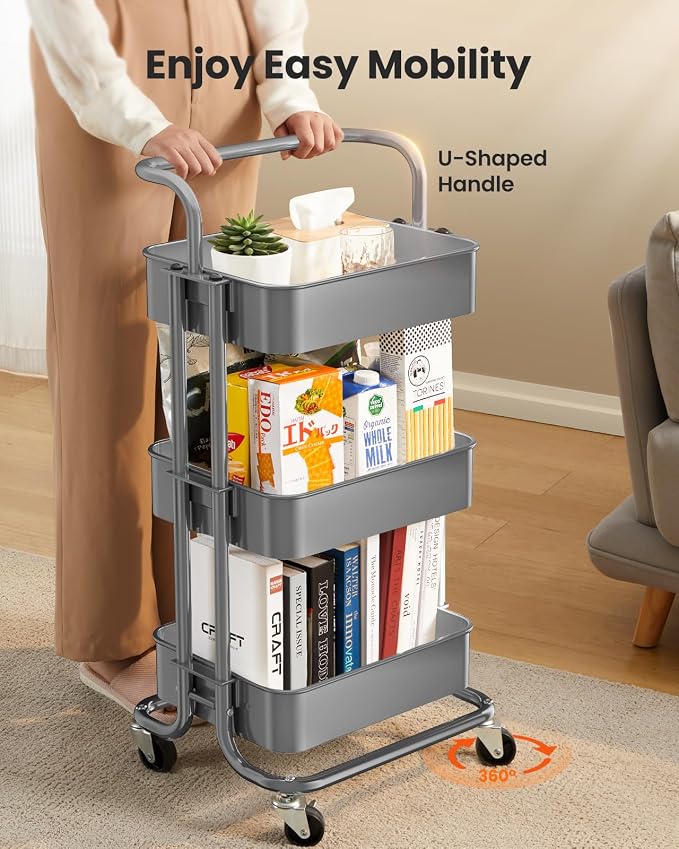 Pipishell 3 Tier Rolling Cart, Metal Utility Cart with Wheels and Handle, Rolling Storage Cart for Nursery Room, Living Room, Painting Room, Office and Kitchen, Grey