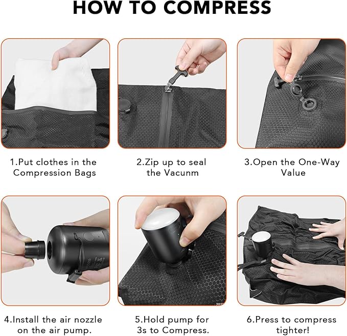 Travel Vacuum Bags with Pump, IP67 Reusable Vacuum Compression Bags for Travel, Backpack & Suitcases | Space-Saving Vacuum Seal Packing Cubes for Clothing (1PC-L-PUMP)
