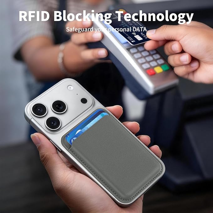 Magnetic Wallet Phone Card Holder for Phone Case with Mag-Safe, Stronger Magnetic RFID Leather Phone Wallet Stick on Series of iPhone 17/16/15/14/13/12 and Pro/Promax, Smoky Gray