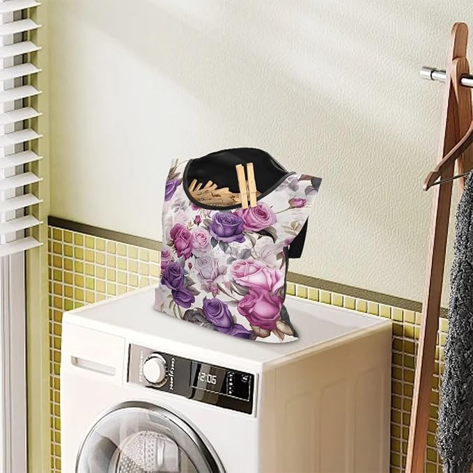 Purple Rose Handy Laundry Clothespin Bag Holds 100 Medium-Sized Clothes Pins, Waterproof Polyester Material, 2 Ropes for Hanging and Effortlessly Sliding on Clothesline