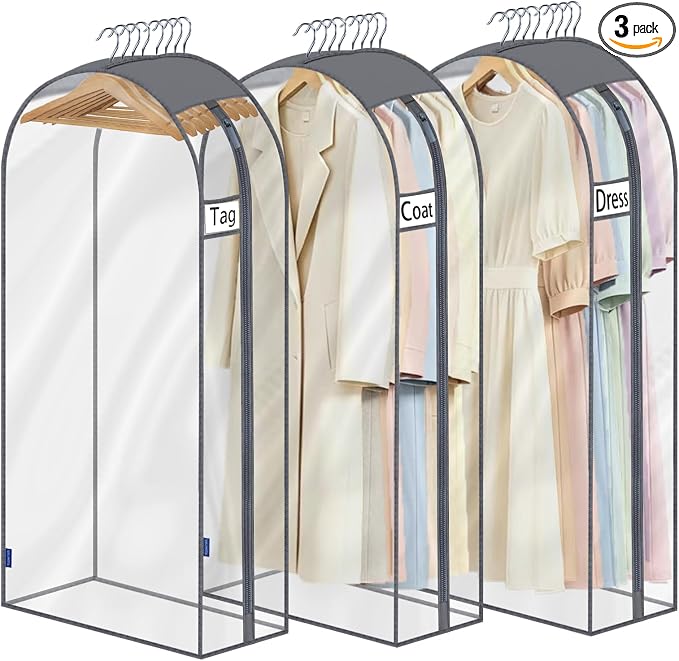 Clear Garment Bags for Hanging Clothes 10" Side Gusset, Suit Bags for Closet Storage, Suit Cover for Shirts Coats Dresses (24"X52"X10" 3Pack)