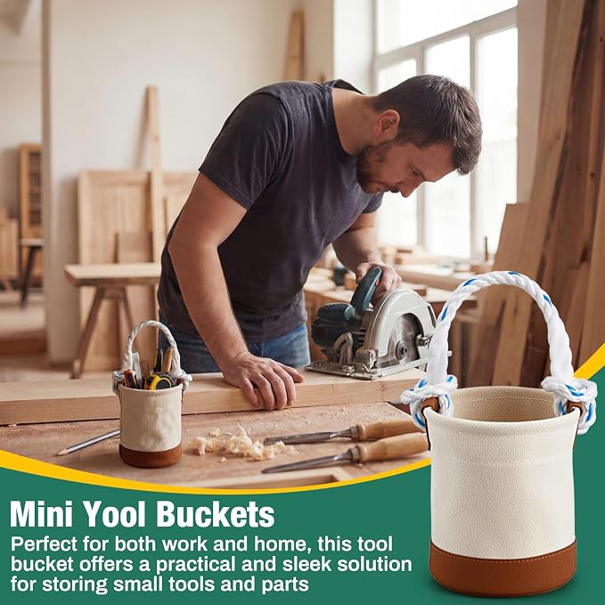 2 Pcs Mini Tool Buckets 6" x 4.5", All-Purpose Tool Bucket with Leather-Bottom, Nuts and Bolt Bag with Reinforced Rope Handle, Small Utility Pouch for Carrying Nails Bolts Small Supplies