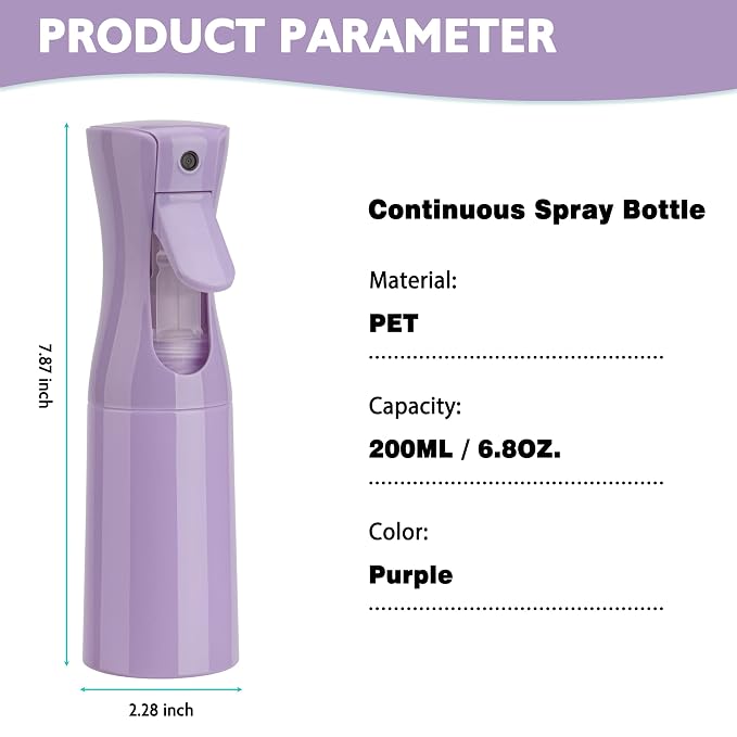 Spray Bottle for Hair (6.8OZ /200ML) Continuous Ultra Fine Mist Sprayer for Hair, Salons, Barber, Plants, Skin Care, Cleaning 1 Pack Purple