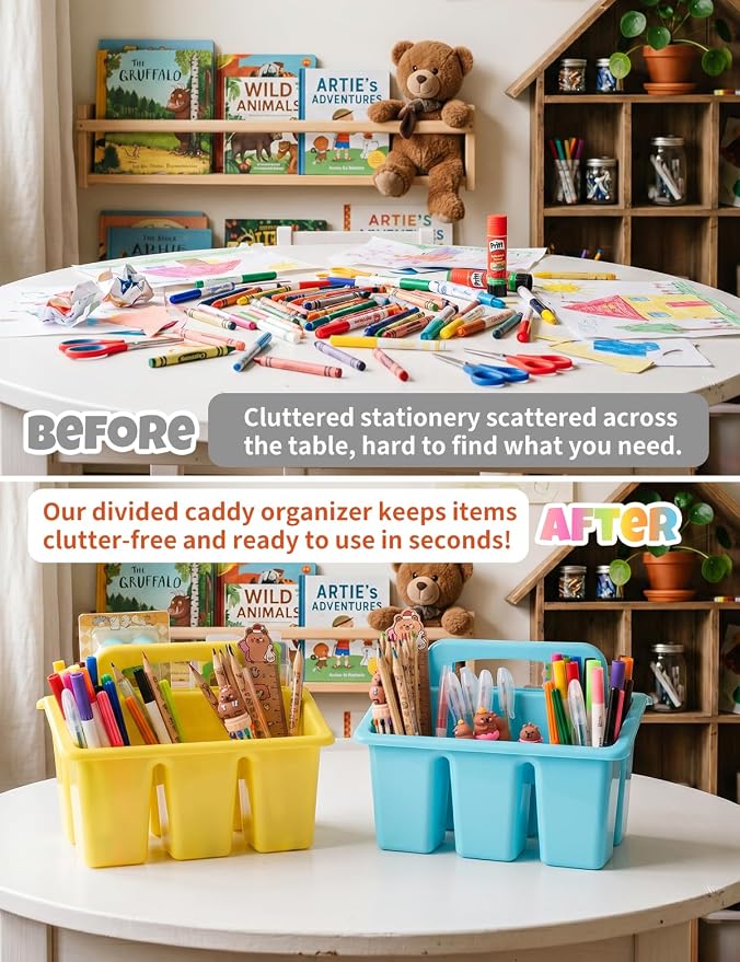 6 Pack Classroom Caddy Organizer with Handle, Table Caddy Classroom | 4 Compartments, 9×6.3×6.7 inches, Thick Durable PP Plastic, Built-in Handle, Stackable Design, for Classroom Desk Office Home