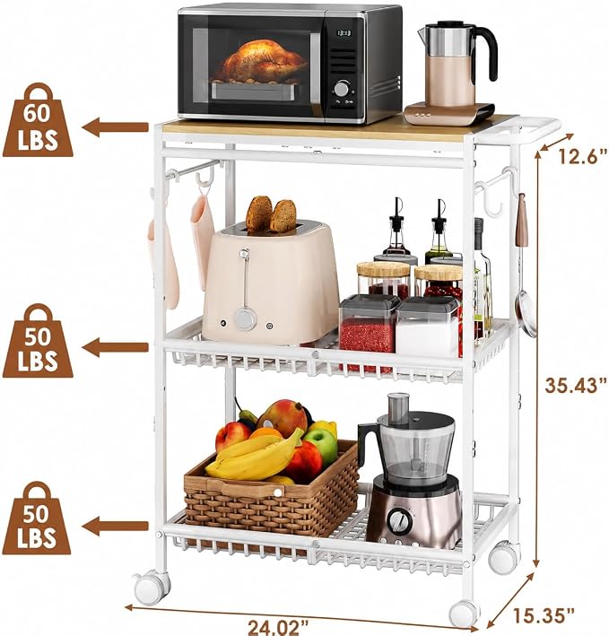 Microwave Kitchen Cart, White Kitchen Shelf with Push Handle, 3 Tier Rolling Microwave Table Stand with 2 Lockable Wheels for Bakers Rack, Kitchen Island, Small Coffee Station