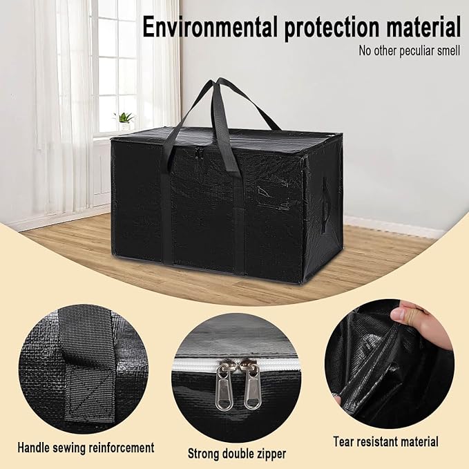 4 Pack Large Moving Bags with Zippers & Carrying Handles, Heavy Duty Storage Tote Moving Boxes ，Space Saving(Black, 4 Pack)