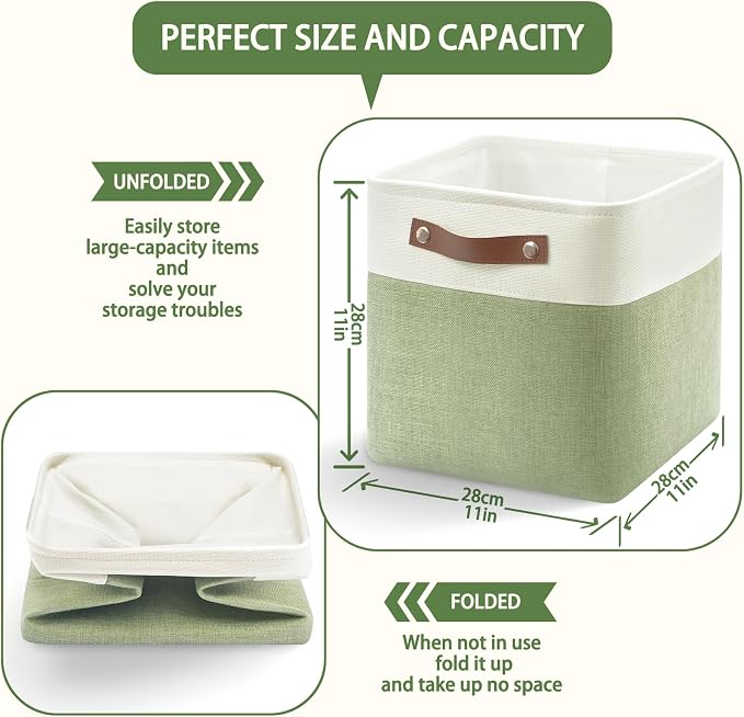 Patvingot Fabric Storage Cubes 11", 6 Pack, with PU Pull Handles,Foldable | For accessories on cube shelves or in closets; reinforced opening, pull-out access, folds flat when empty,white and green